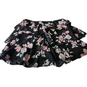Social Tourist Mini Skirt Size Large Black Pink Floral Ruffle Tiered